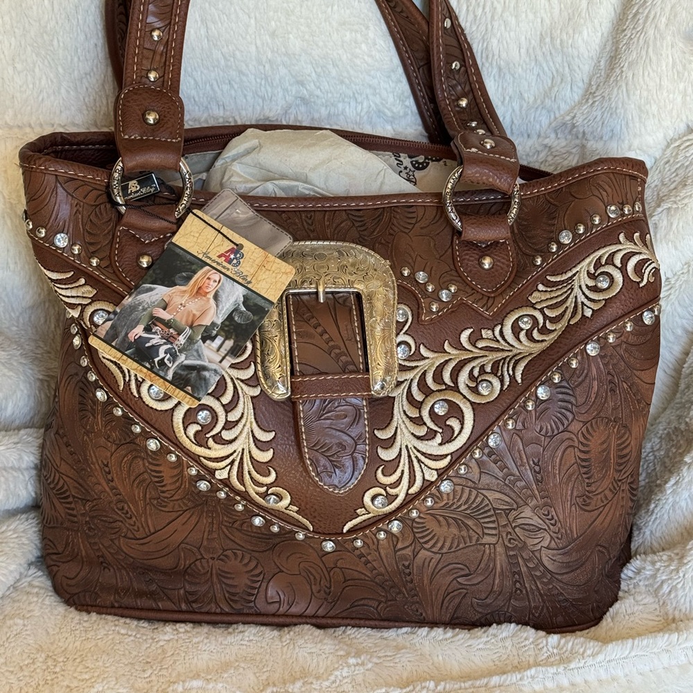 Montana West Brown and Gold Shoulder Bag with Embroidered Scrollwork